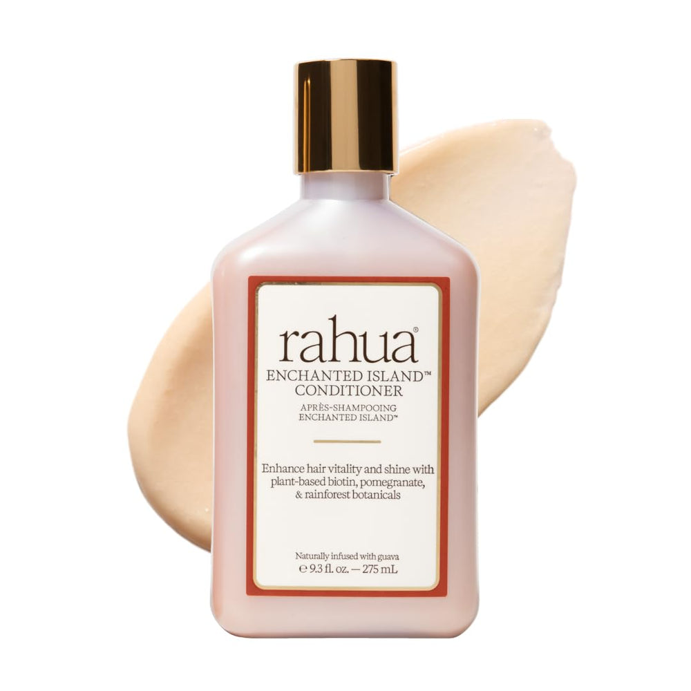 Rahua Enchanted Island conditioner bottle front delivering radiant shine and strengthened strands.