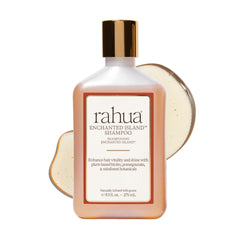 Rahua Enchanted Island Shampoo bottle shows vegan, sulfate-free formula for all hair types