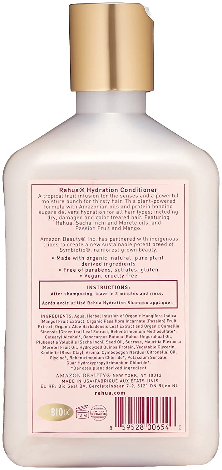 Scalp-friendly botanicals on Rahua conditioner packaging indicate scalp balance benefits.