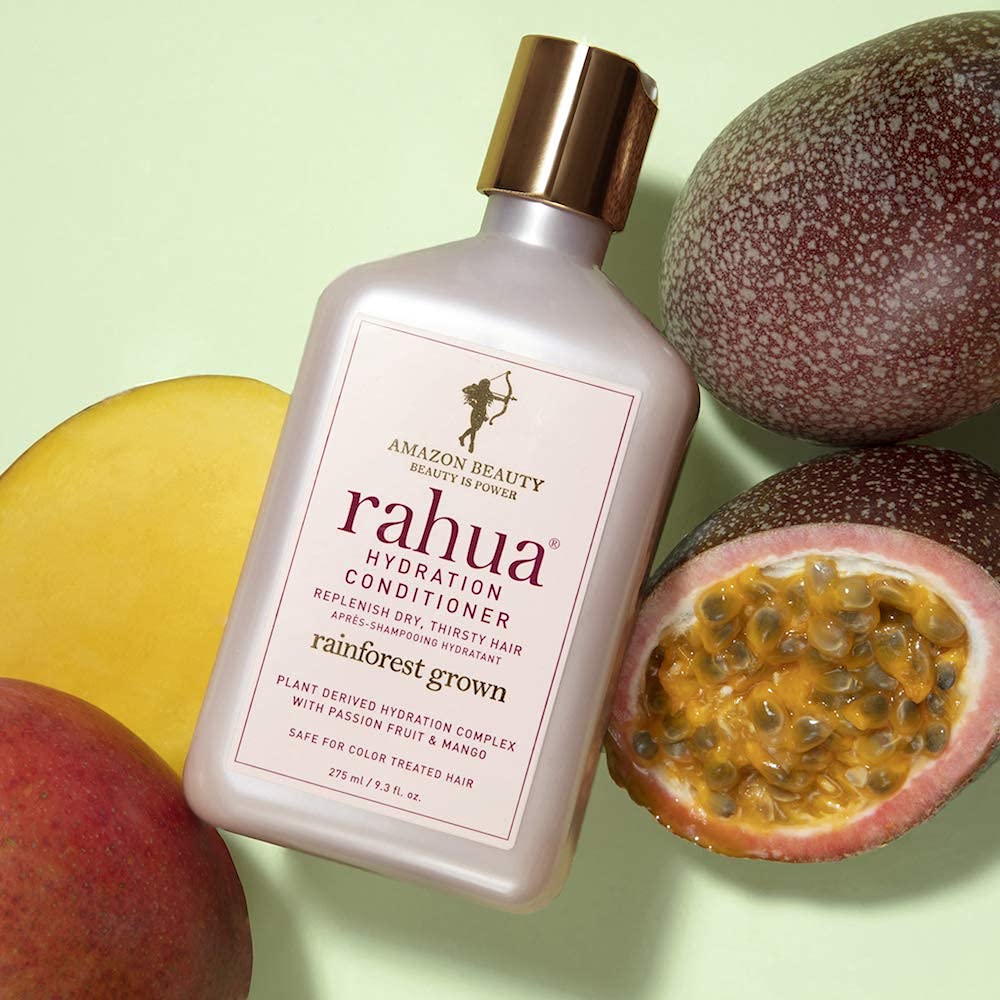 Rahua Hydration Conditioner on vanity with vegan badge and ingredients list.