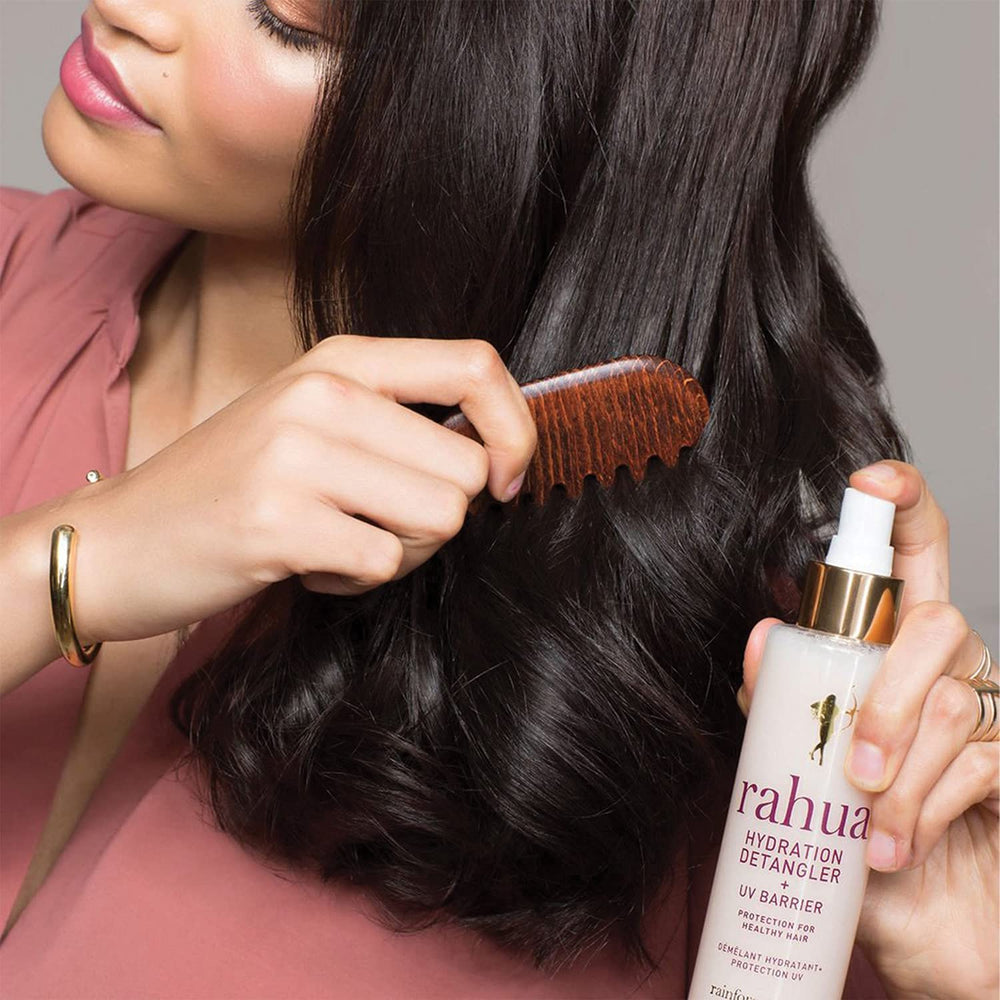 Rahua Hydration Detangler Spray close-up showing silky, shiny texture after use.