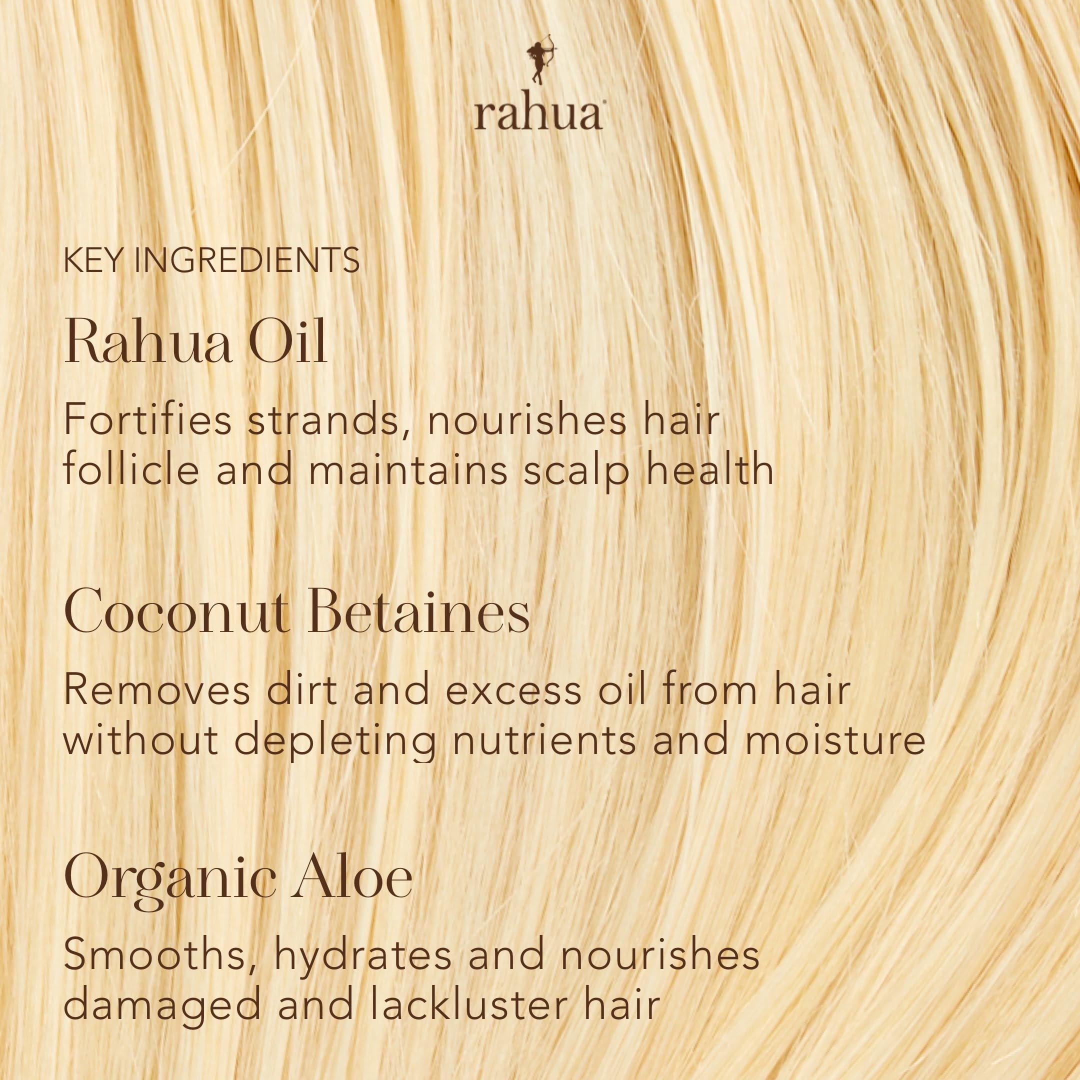 Rahua quinoa protein bottle highlights strengthened, more manageable strands.
