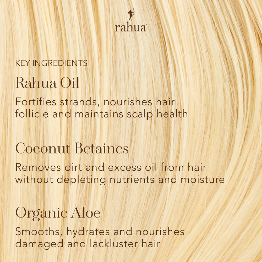 Rahua quinoa protein bottle highlights strengthened, more manageable strands.