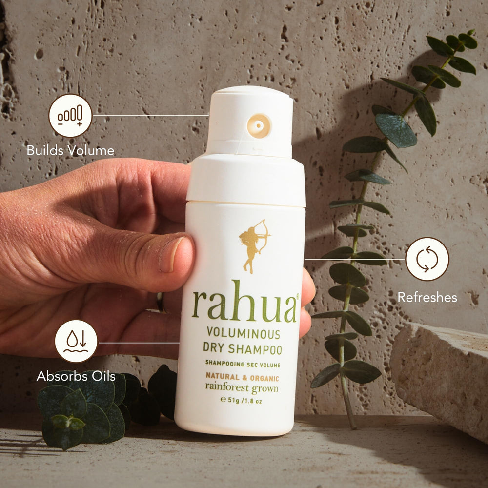 Rahua Voluminous Dry Shampoo powder dispersion creates invisible texture on hair.