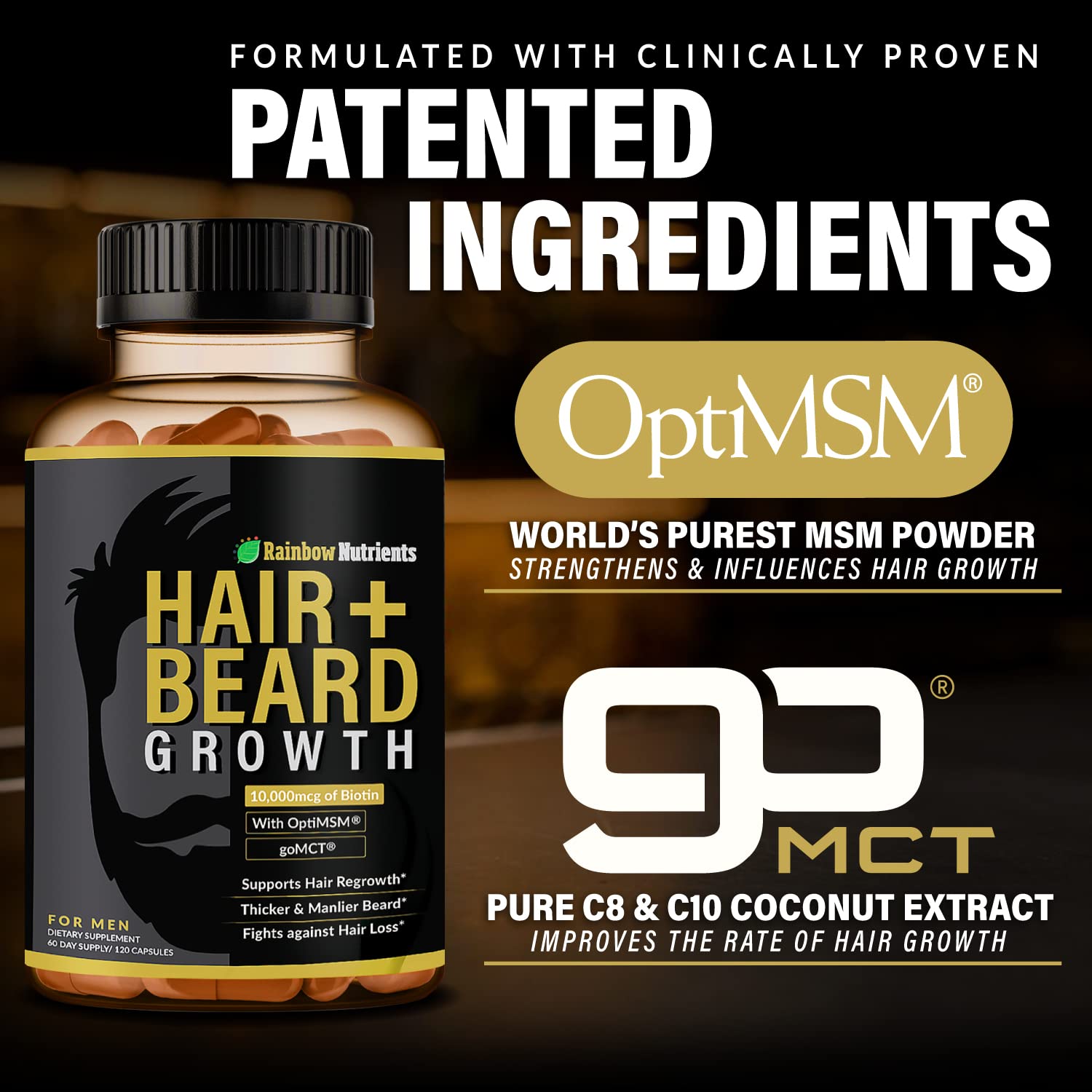 Rainbow Nutrients Hair Growth Vitamins capsules close-up features OptiMSM and goMCT ingredients.