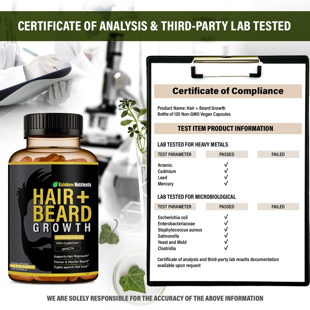 Rainbow Nutrients ingredients graphic shows biotin, collagen, and saw palmetto.