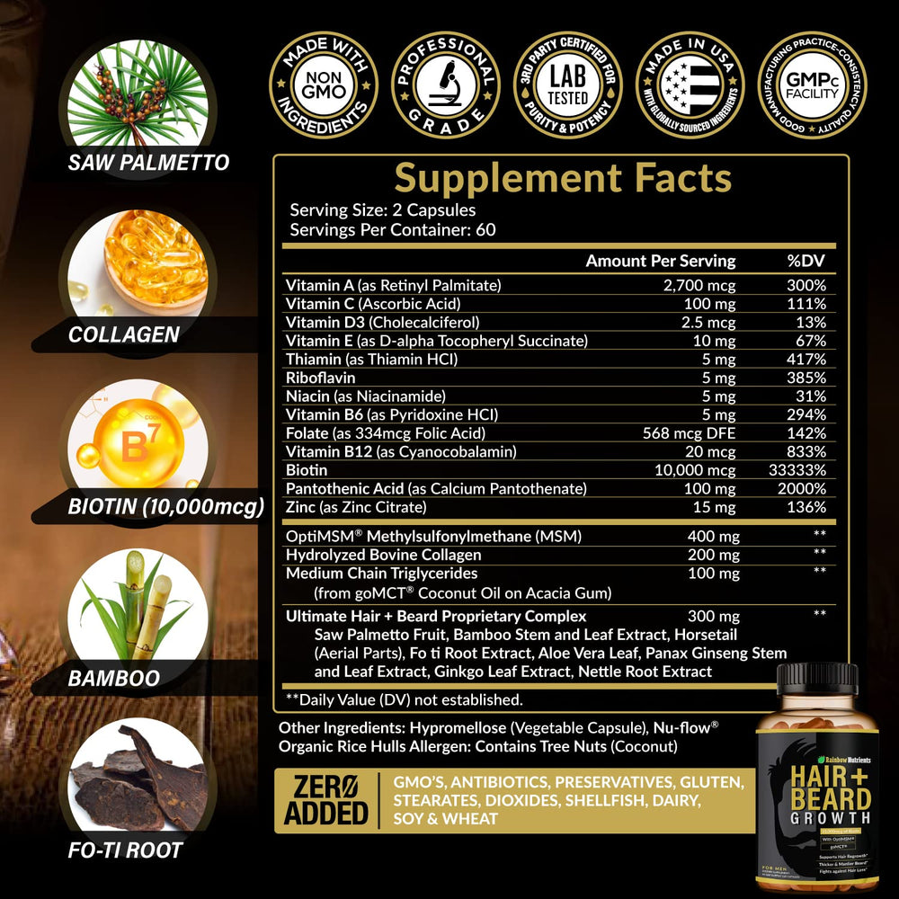 Rainbow Nutrients Hair Growth Vitamins label close-up highlights biotin and collagen benefits.