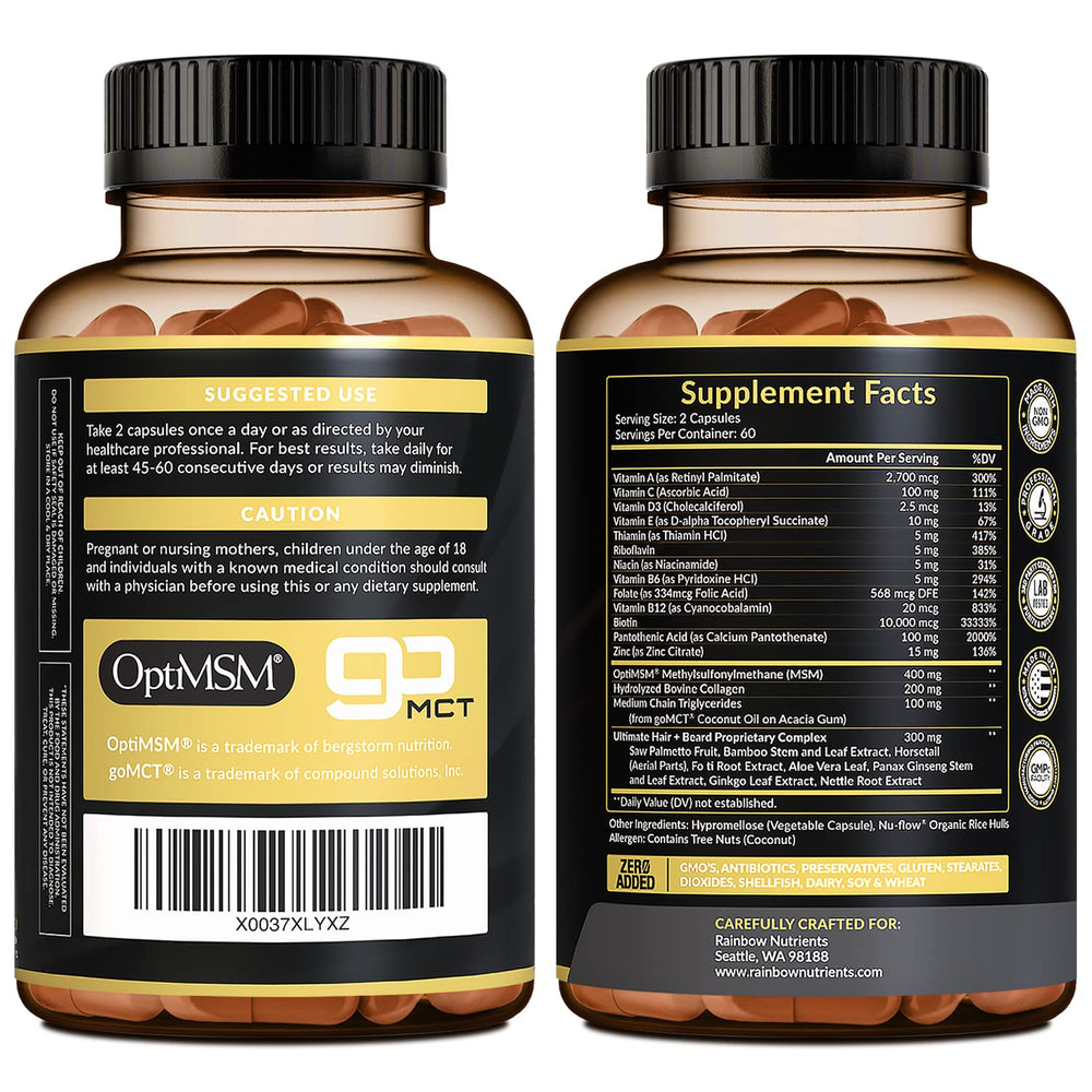 Rainbow Nutrients hair growth vitamins on shelf ready for morning routine.