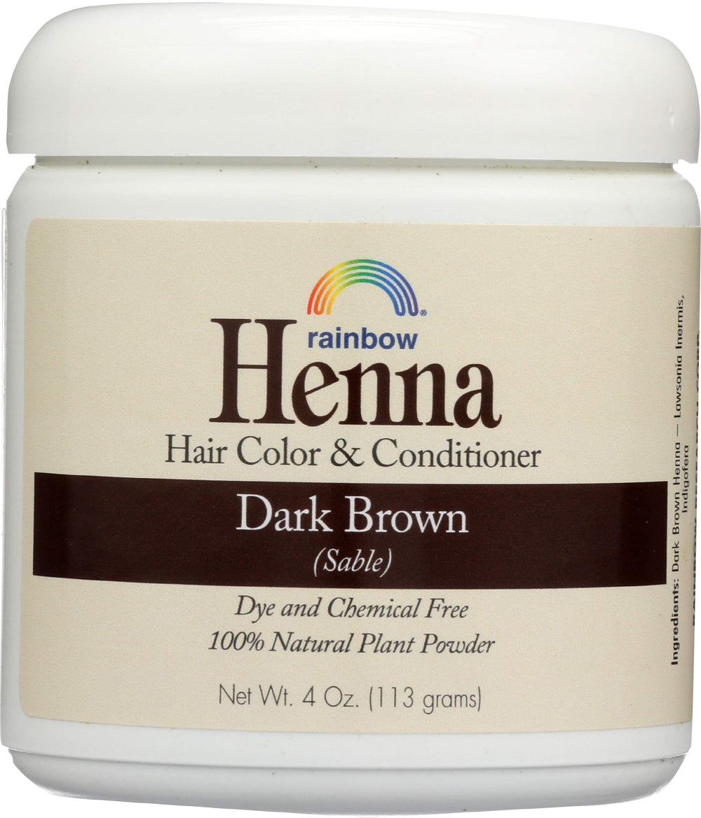 Rainbow Research Henna Hair Color Dark Brown bottle close-up, natural color and conditioning