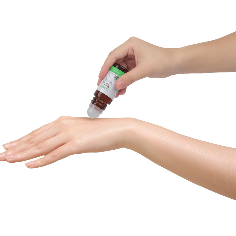 RAJOSEE organic castor oil roll-on for at-home spa-like massage.