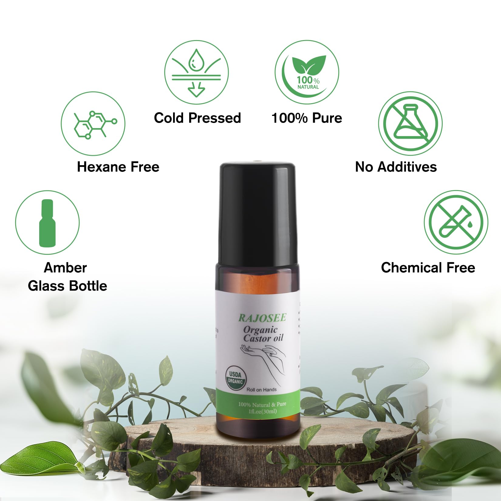 RAJOSEE castor oil roll-on image showing easy neck and wrist coverage.