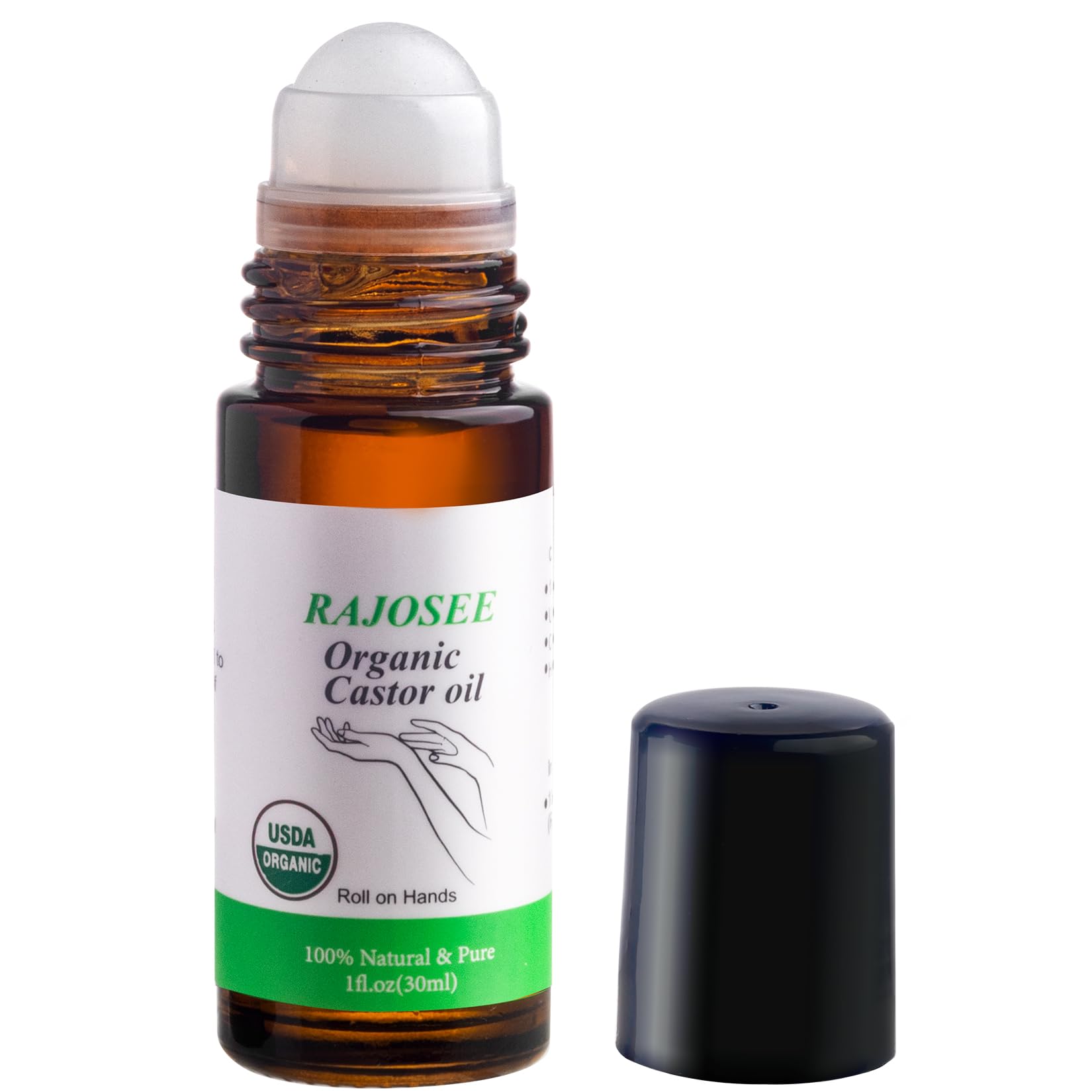 RAJOSEE castor oil roll-on in glass bottle for precise application on skin and nails.