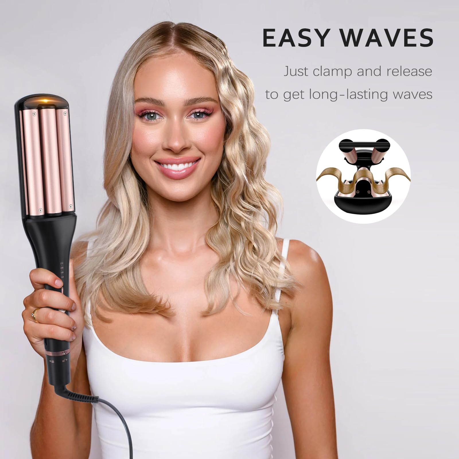 RAKUKOKKU 3-barrel hair waver delivers mermaid waves for glamorous looks.