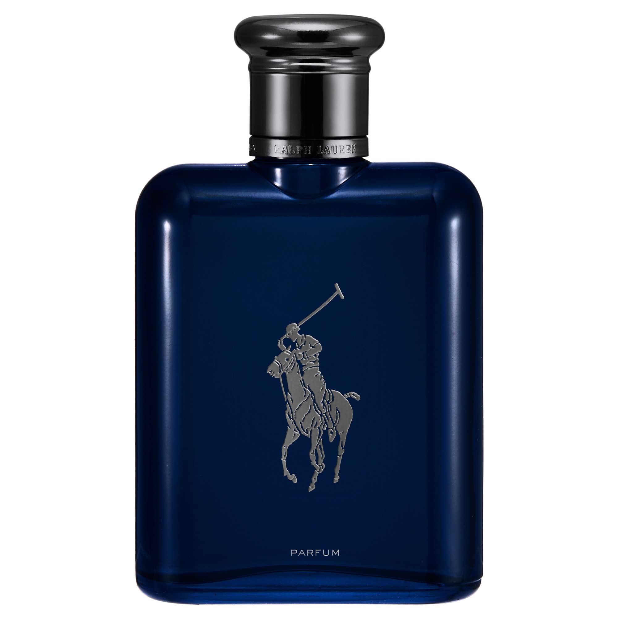 Ralph Lauren Fragrances Polo Blue Parfum bottle close-up highlighting refillable design.