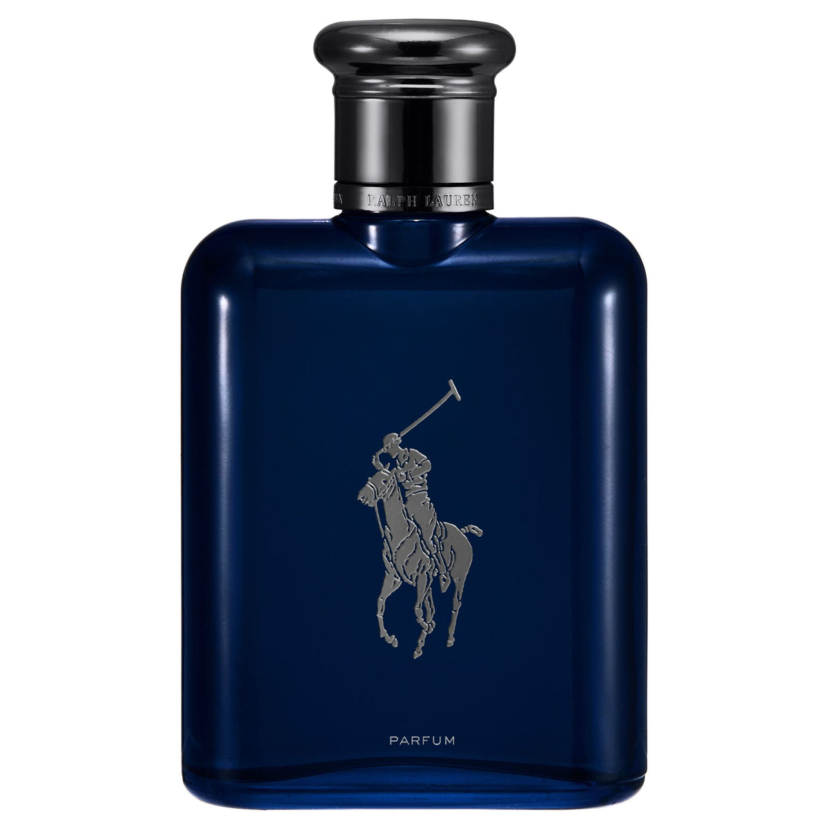 Ralph Lauren Fragrances Polo Blue Parfum bottle close-up highlighting refillable design.