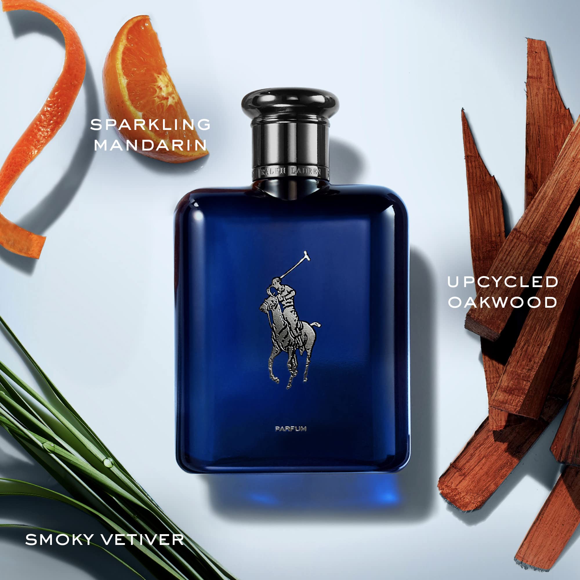 Ralph Lauren Fragrances Polo Blue Parfum cap detail showcases refined gunmetal finish.