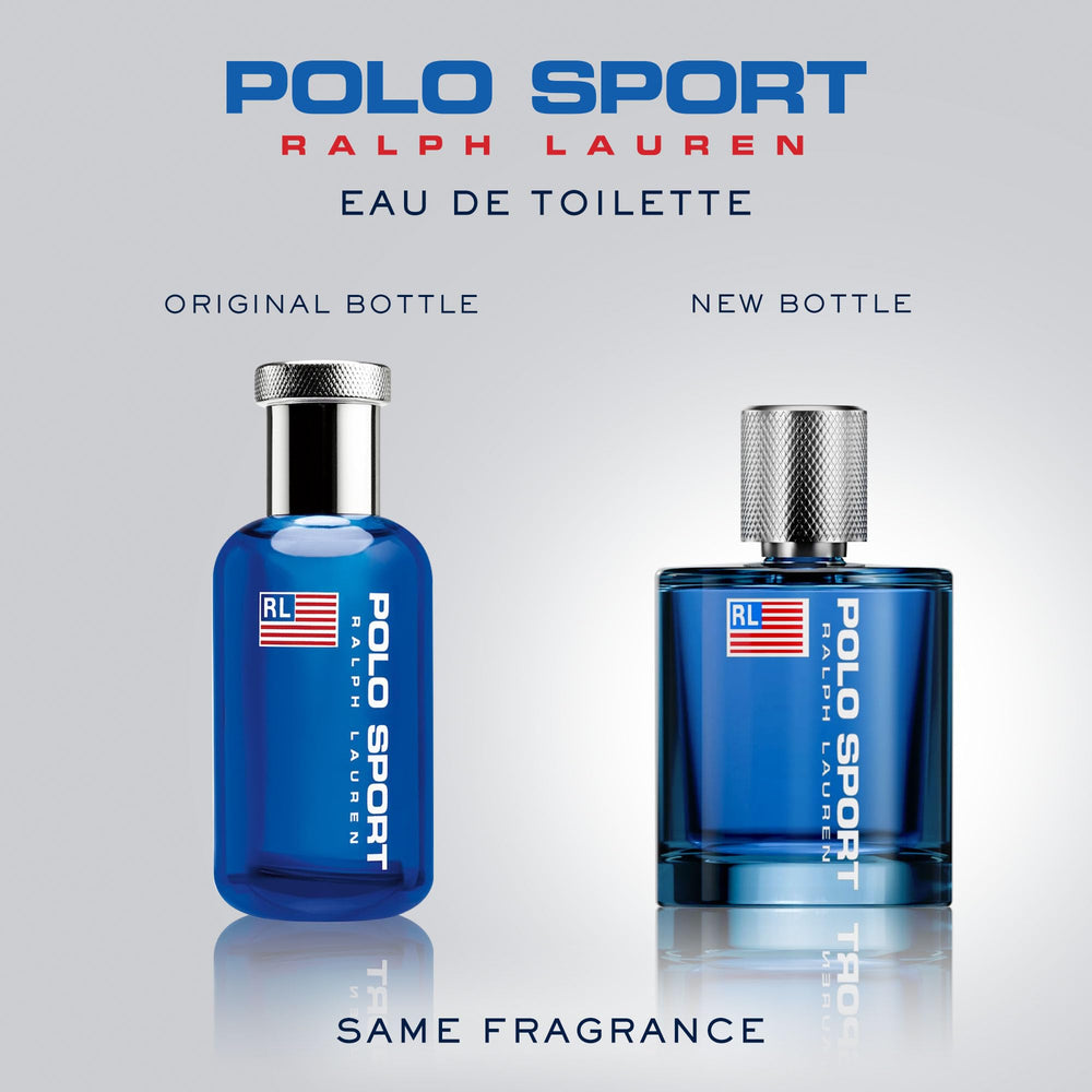 Ralph Lauren Fragrances Polo Sport cobalt blue bottle closeup reinforces premium presentation and summer-ready vibe.