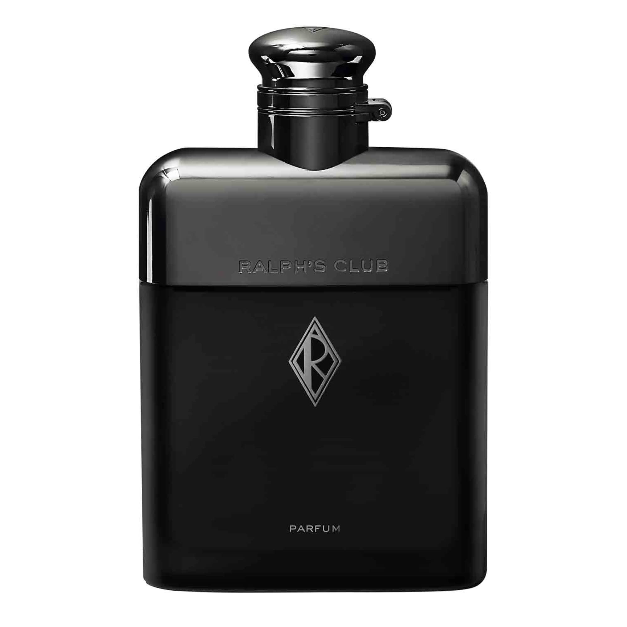Ralphs Club Parfum bottle closeup highlights bold, woody-ambery aroma for evening prestige.