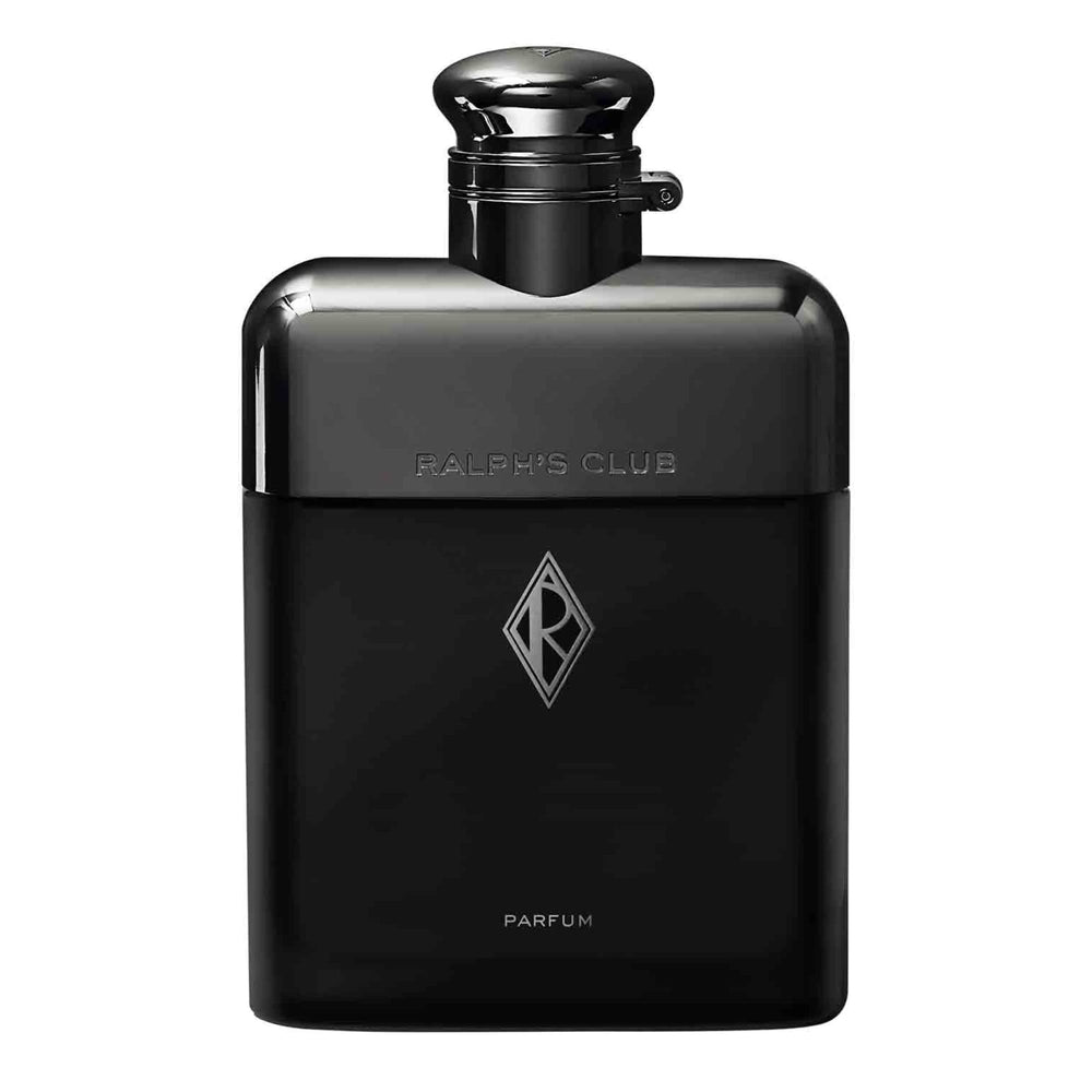 Ralphs Club Parfum bottle closeup highlights bold, woody-ambery aroma for evening prestige.