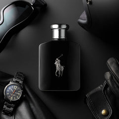 Ralph Lauren Polo Black iced mango note close-up on bottle.