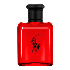 Polo Red bottle with curved silhouette and matte black accents for bold presence