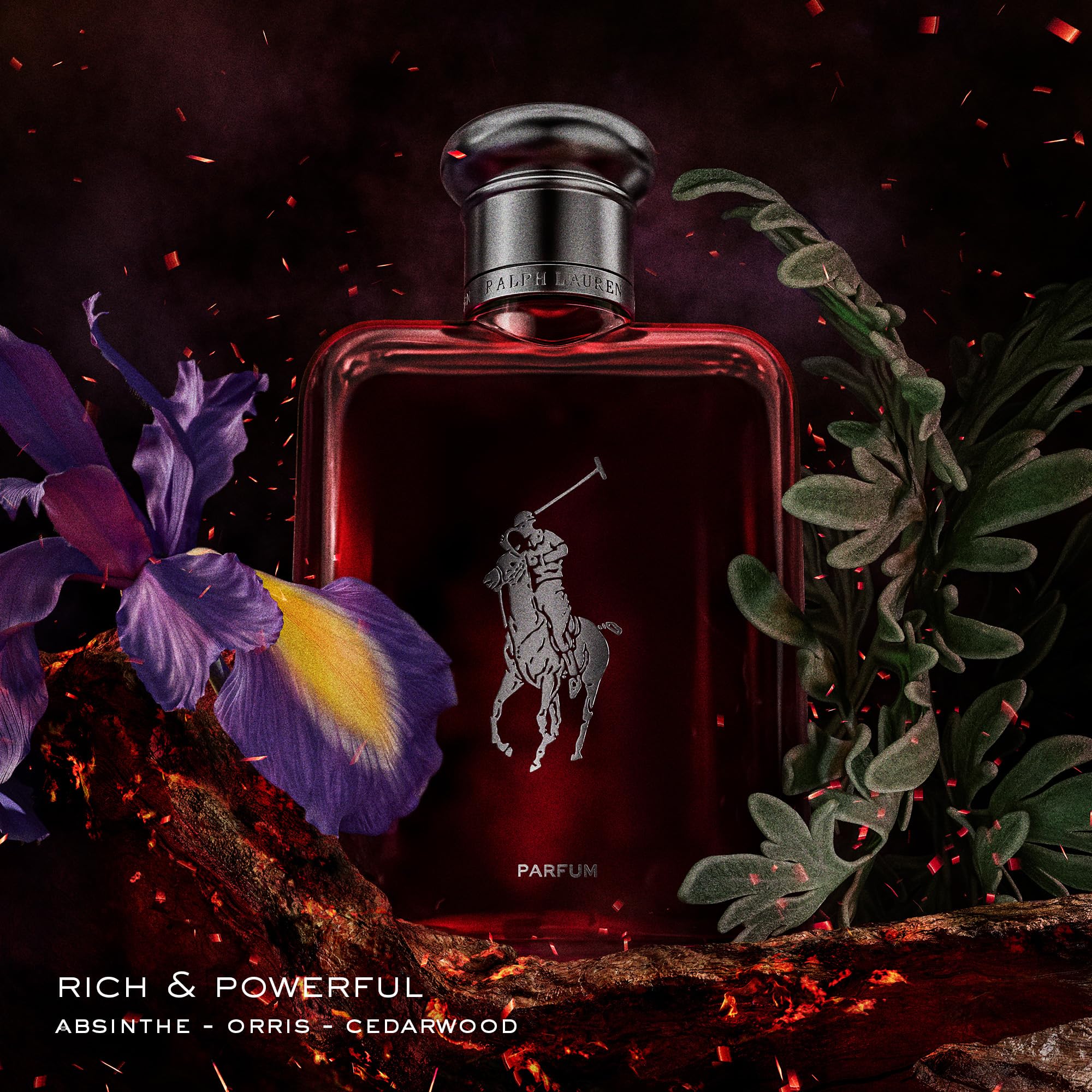 Ralph Lauren Polo Red Parfum bottle closeup highlights luxury finish and warmth.
