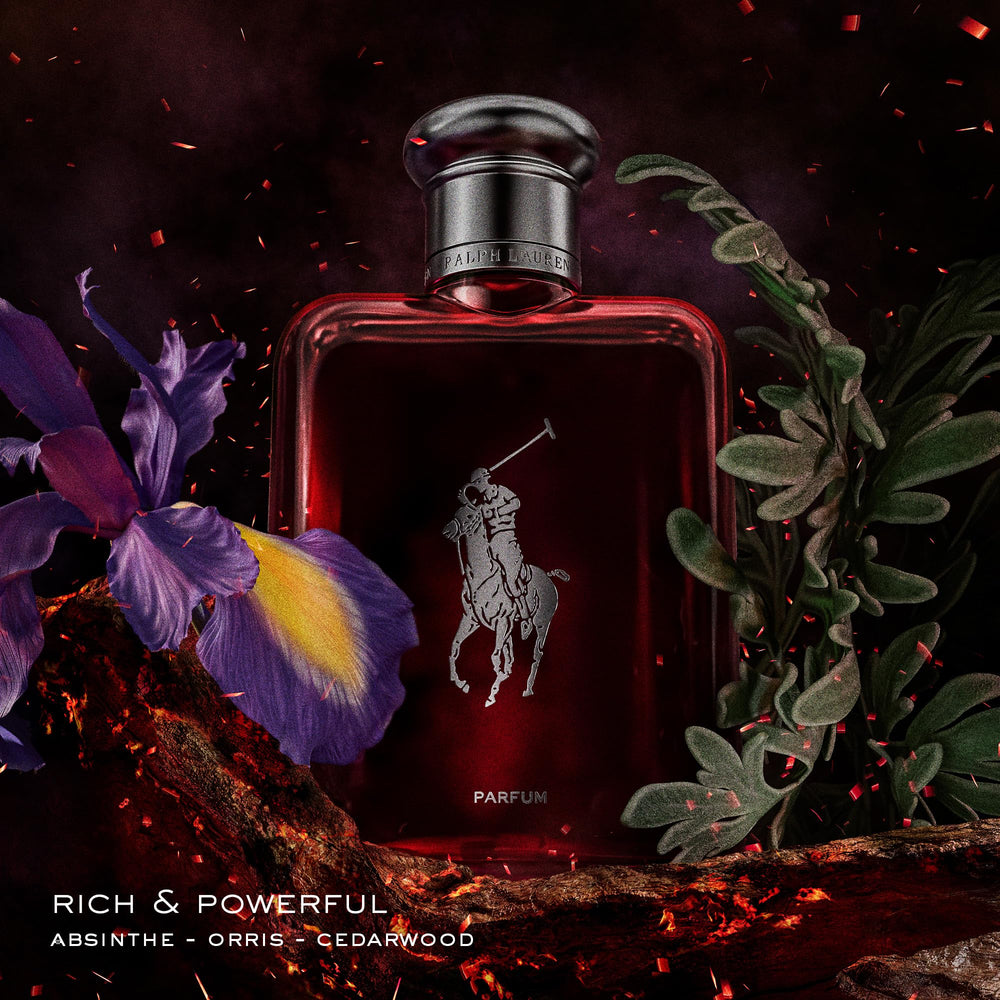 Ralph Lauren Polo Red Parfum bottle closeup highlights luxury finish and warmth.
