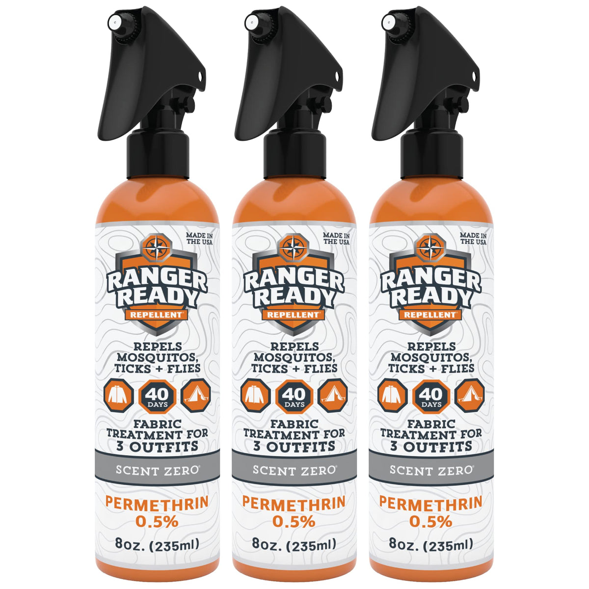 Ranger Ready Permethrin Scent Zero 8oz bottle ready for outdoor protection against ticks