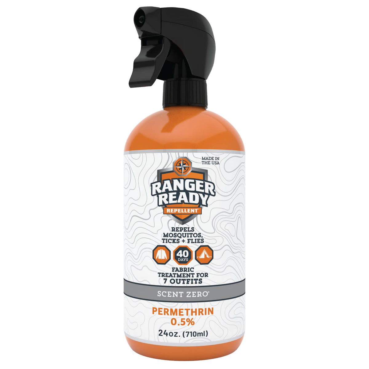 Ranger Ready Permethrin spray bottle close-up showing odorless fabric protection