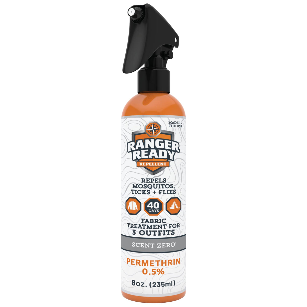 Ranger Ready Permethrin spray bottle front showing unscented fabric protection.