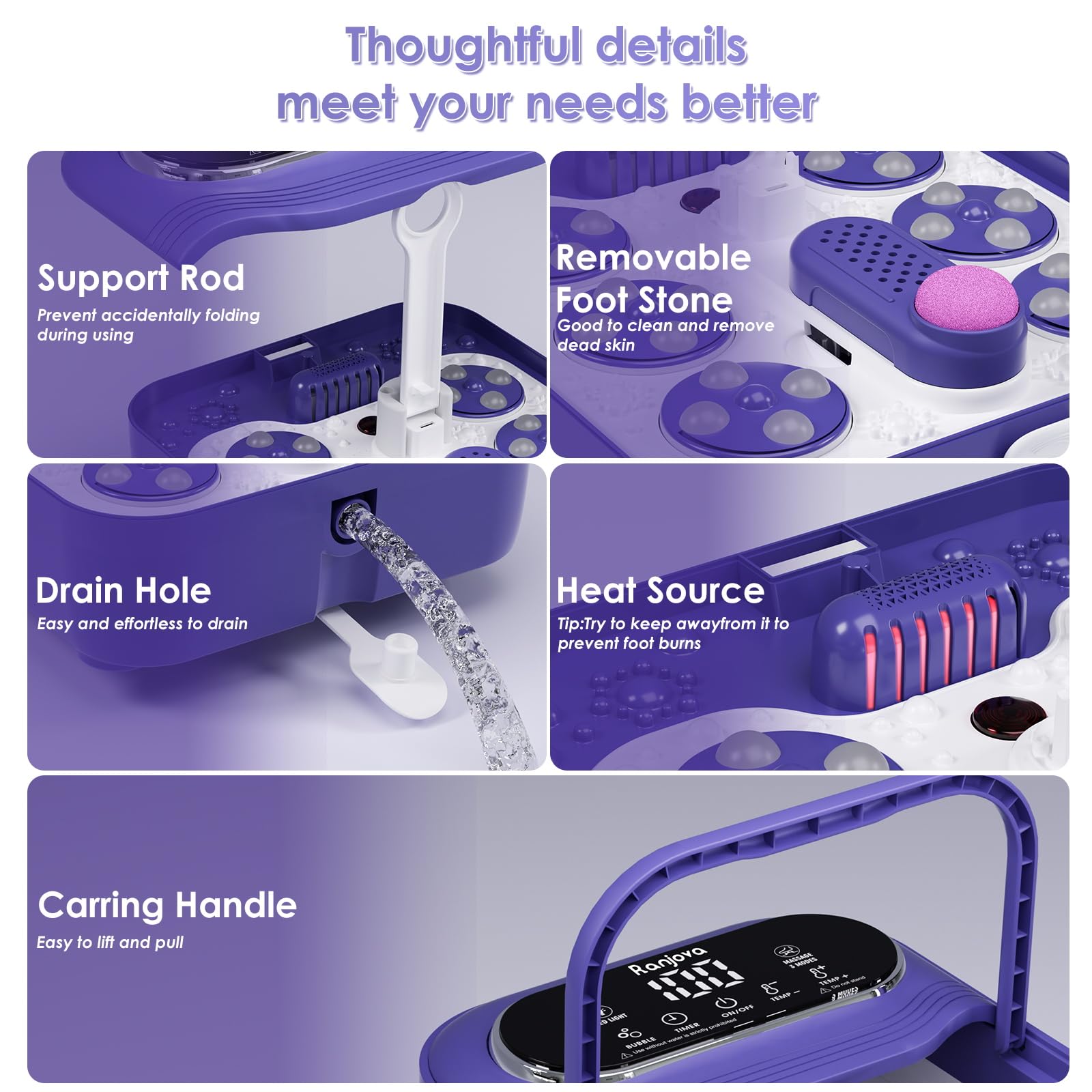 Ranjova bubble jet massage stimulates acupressure points during soaking.