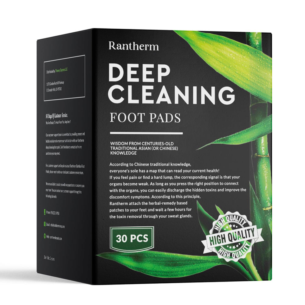 Rantherm Deep Cleansing Foot Pads packaging highlights bamboo vinegar essence for daily relaxation.