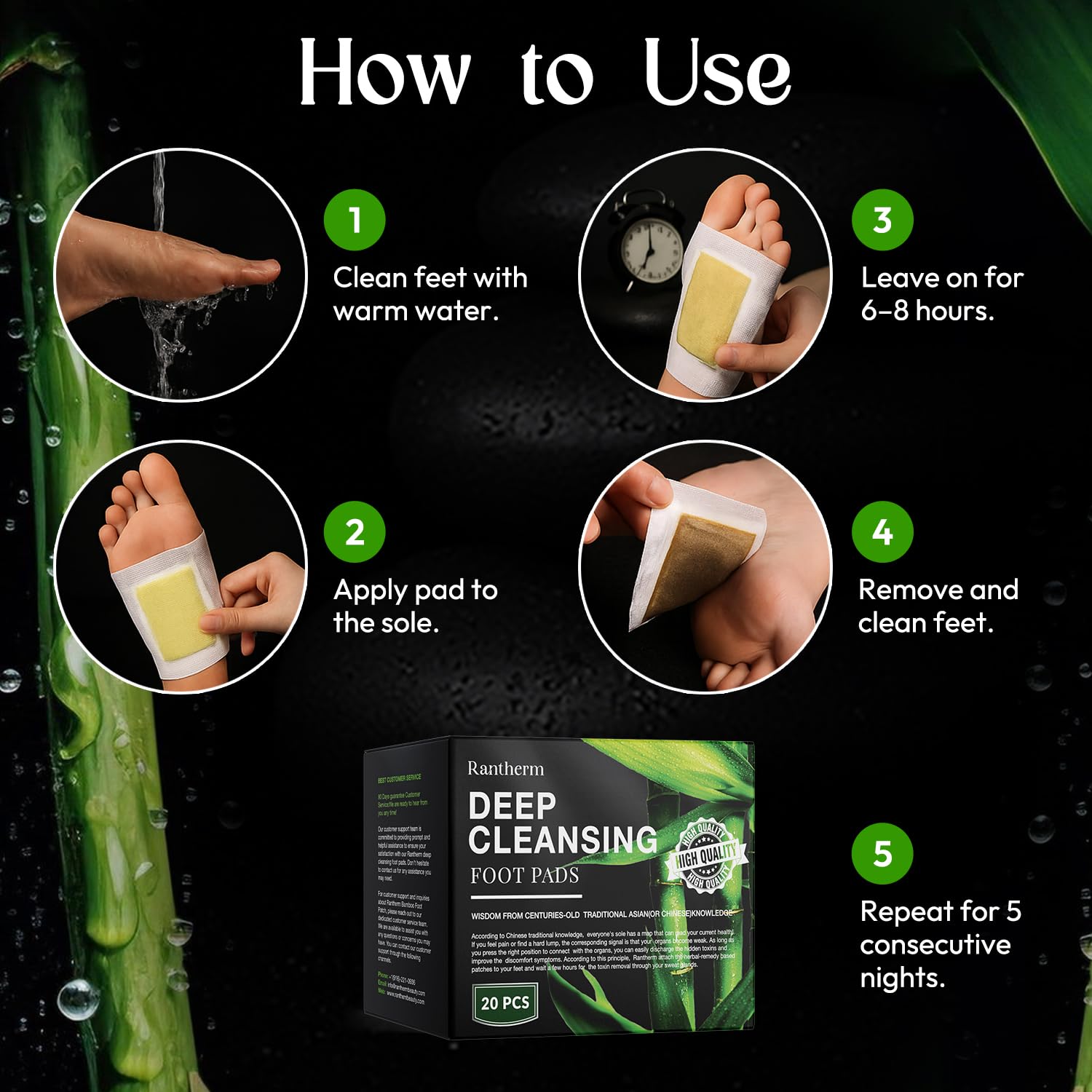 Rantherm foot pads highlight natural herbs and ingredients for well-being.
