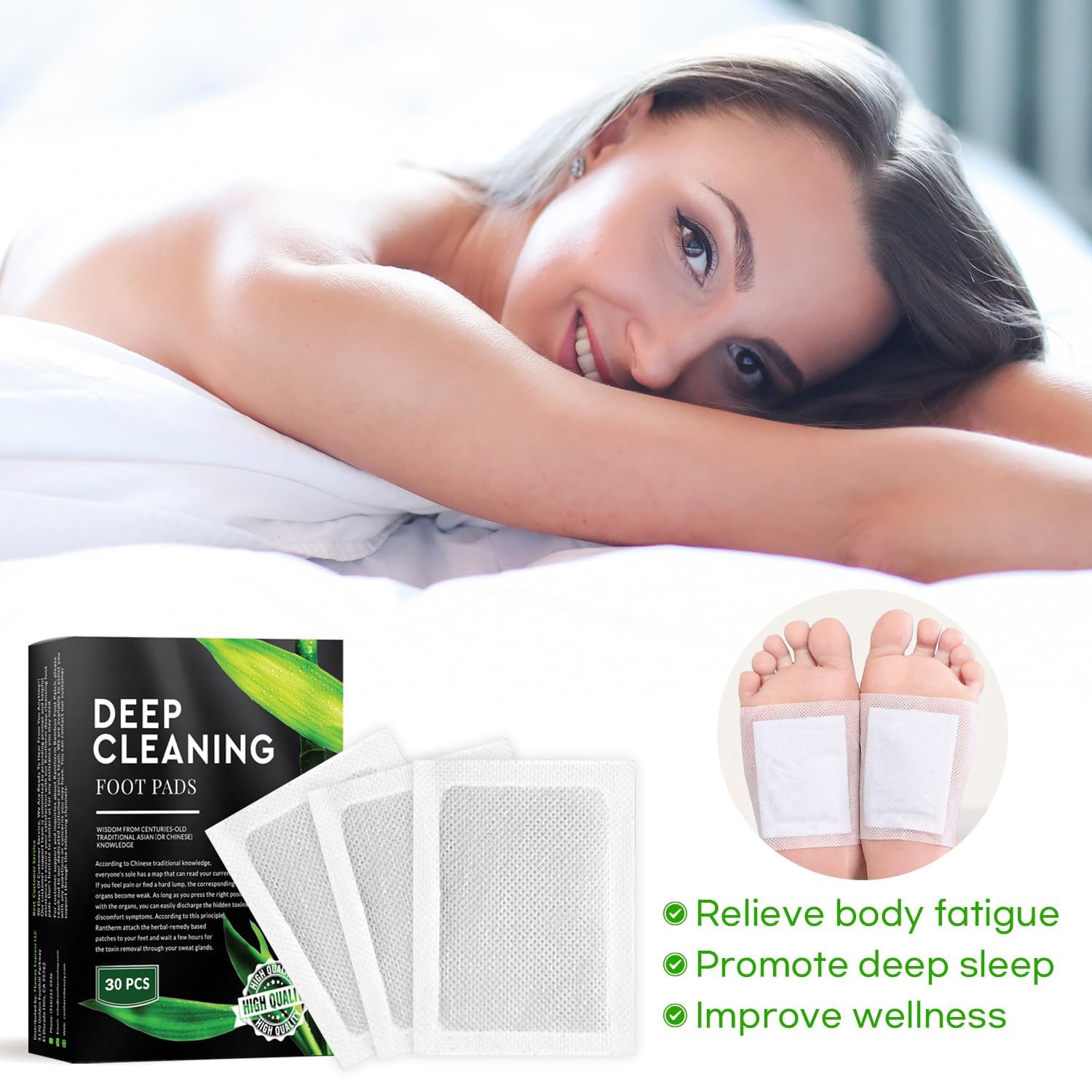 Rantherm foot patches on feet at bedtime demonstrate effortless application for a restful night.