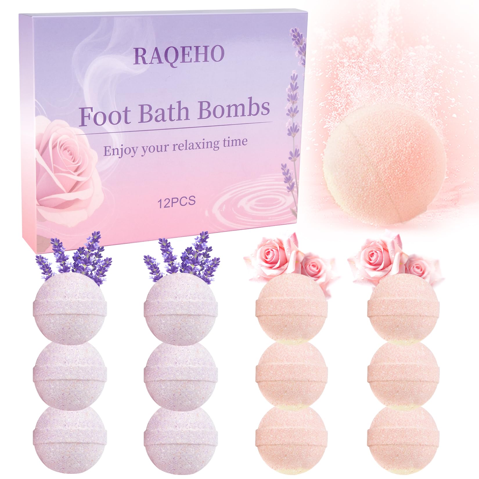 RAQEHO 12PCS Foot Bath Bombs packaging showcases rose lavender set for gift-ready spa care.