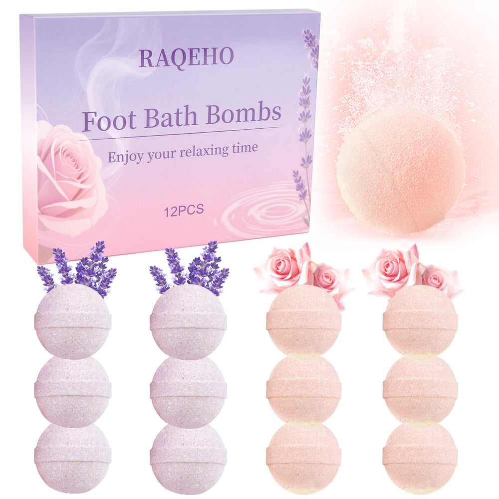 RAQEHO 12PCS Foot Bath Bombs packaging showcases rose lavender set for gift-ready spa care.