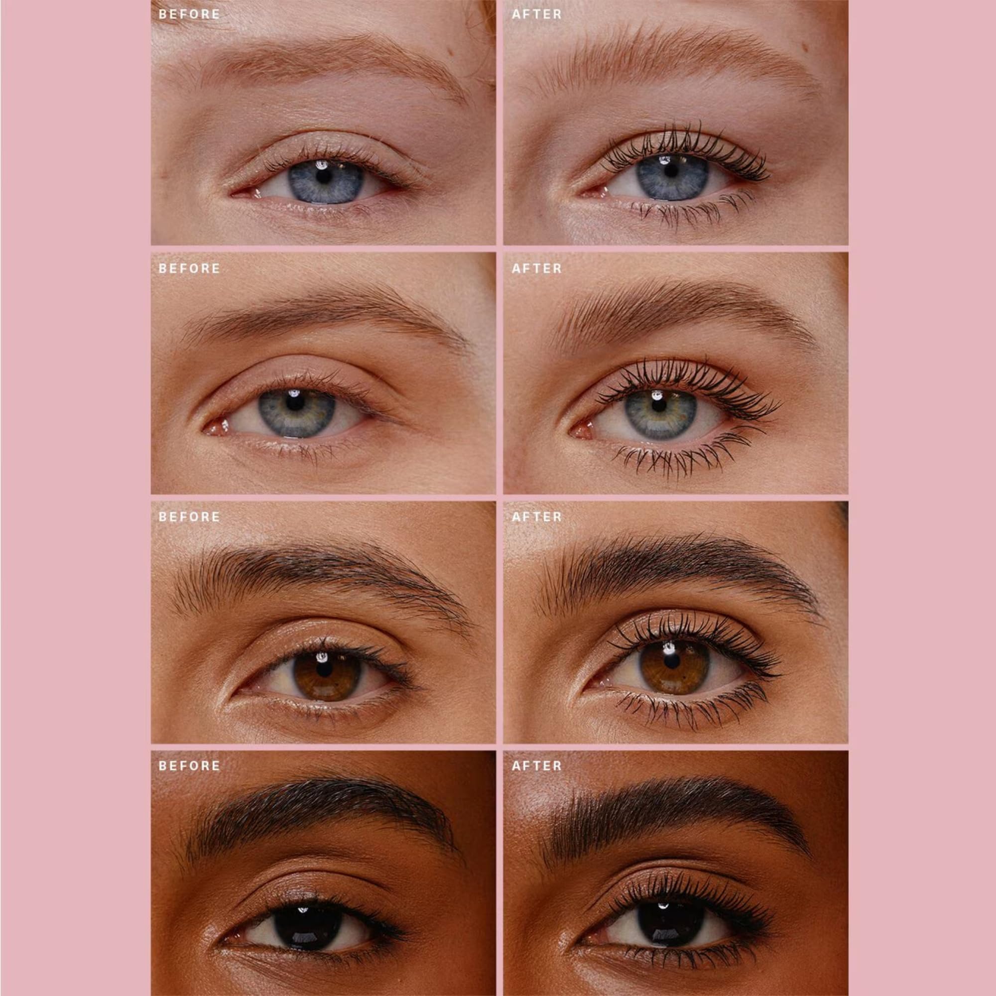 Rare Beauty Lash & Brow Essentials Set full-face look showcases lifted lashes and sculpted brows.