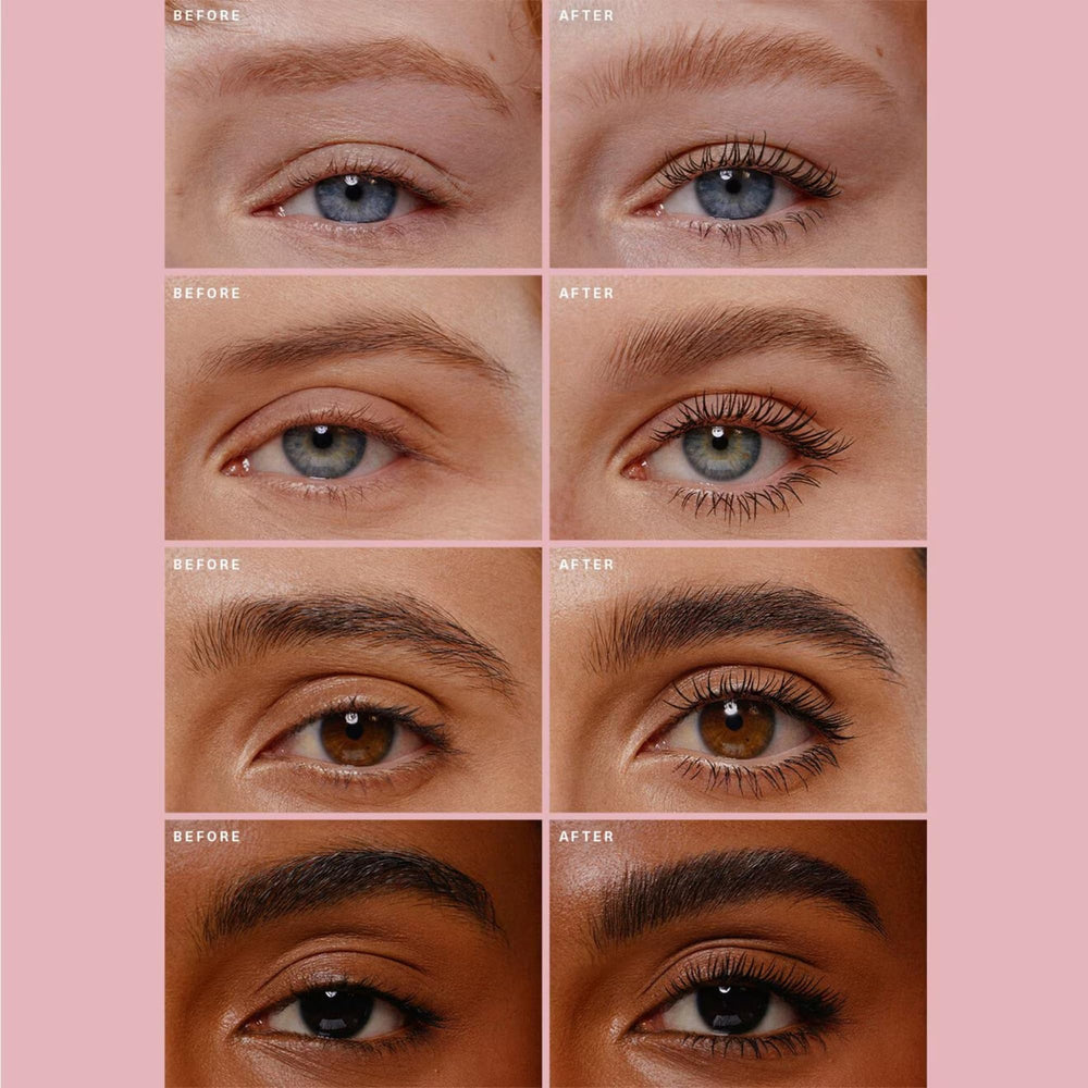 Rare Beauty Lash & Brow Essentials Set full-face look showcases lifted lashes and sculpted brows.