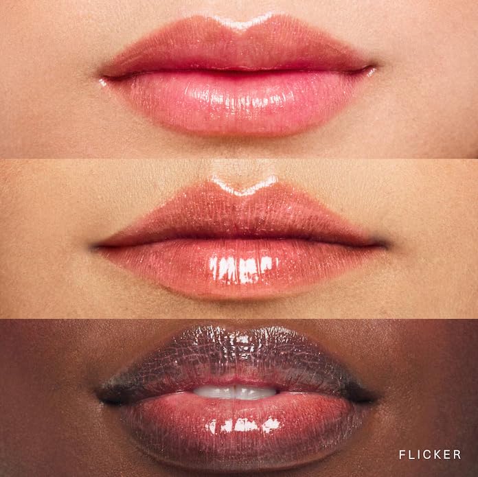 Rare Beauty Glimmer swatch on lips highlighting champagne-rose shimmer and shine.