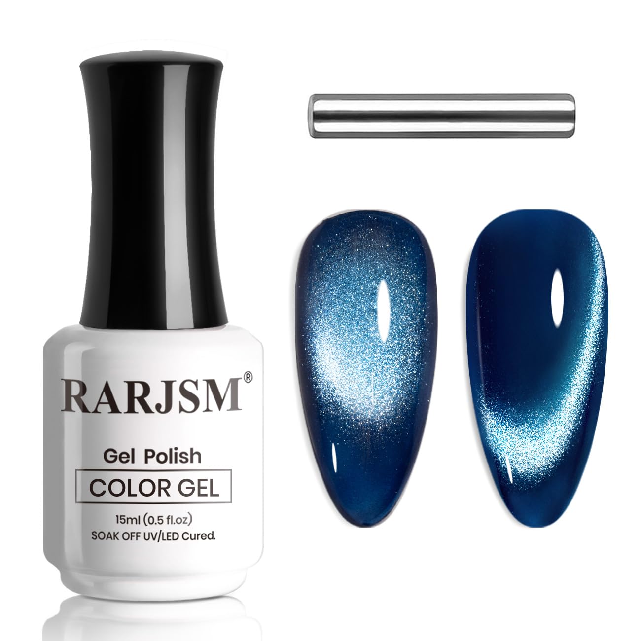 RARJSM dark blue cat-eye nail polish bottle with reflective depth for salon-quality color.