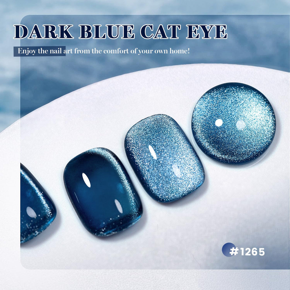 RARJSM deep blue cat-eye swatch on nail demonstrates light-reflective movement.