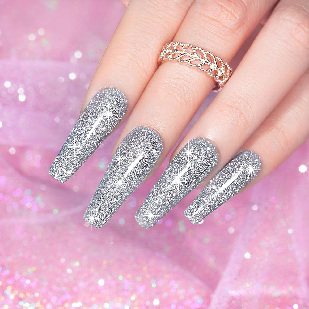 RARJSM Glitter Nail Polish Silver application shot suggests smooth, even coverage.