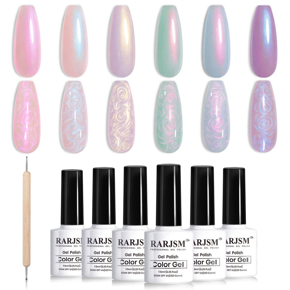 RARJSM pearl gel polish pink-beige shimmer—dual-tone color under light for versatile nails.