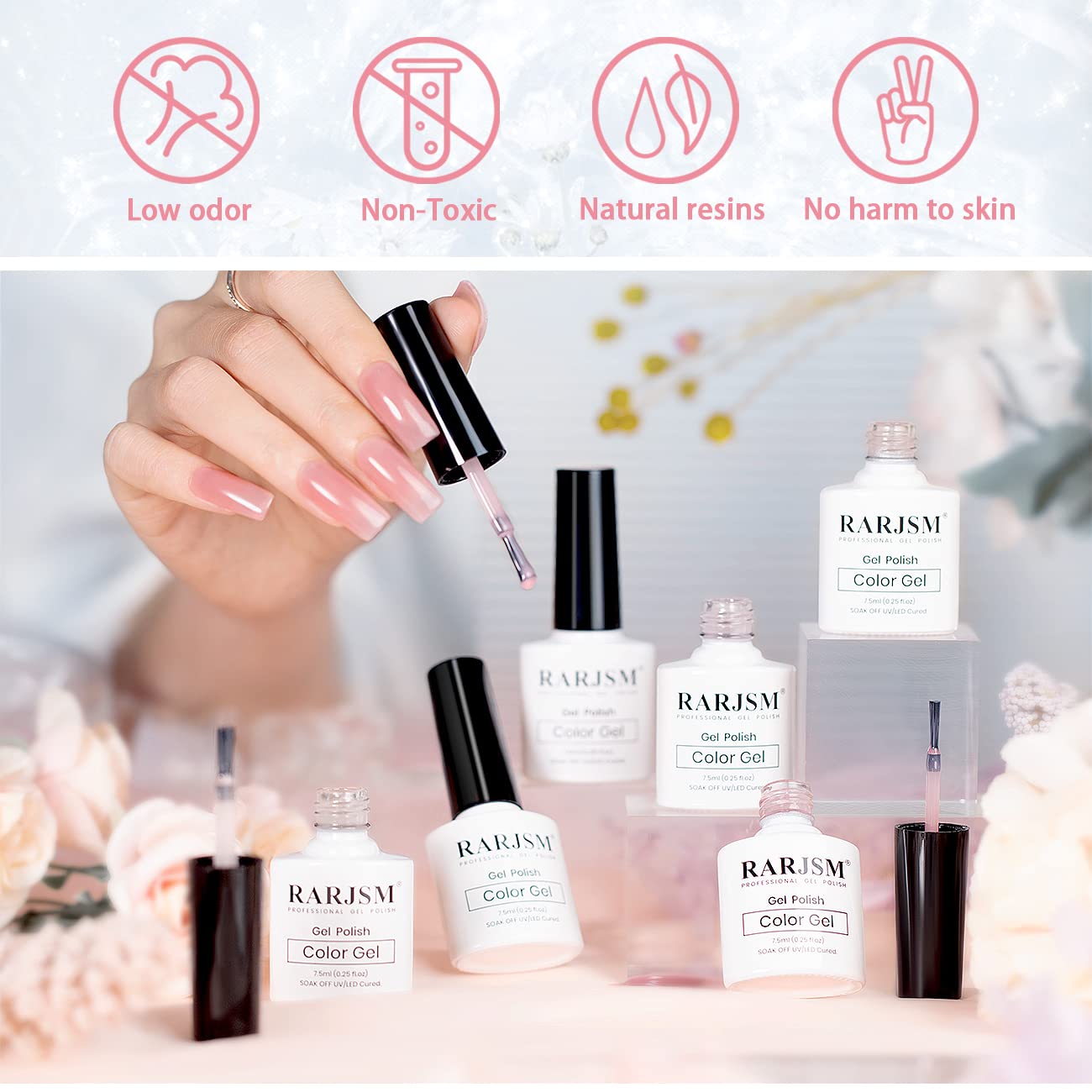 RARJSM sheer rose nude gel polish bottle ideal for subtle, skin-tone nails.