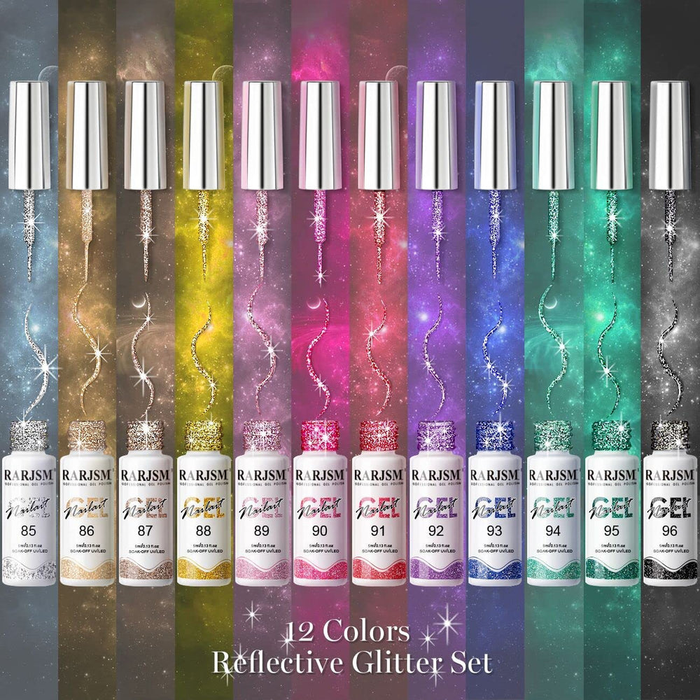 RARJSM sparkly color palette highlights 12 glitter colors for versatile designs.