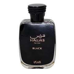 RASASI Hawas Black bottle close-up highlights grapefruit and pineapple opening for brightness