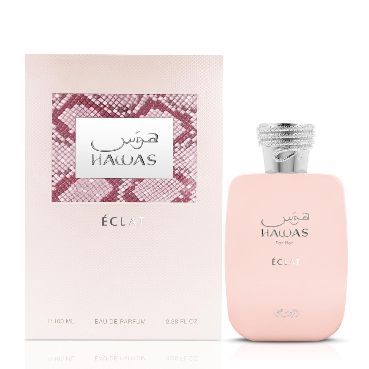 Rasasi Hawas Eclat women's EDP bottle sits on vanity for daily elegance