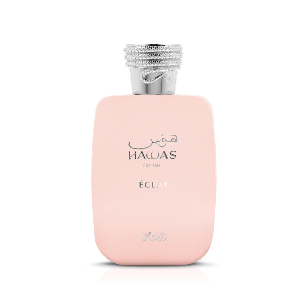 Rasasi Hawas Eclat EDP bottle with rose-gold accents for a premium look