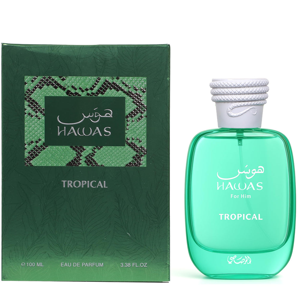 Rasasi Hawas Tropical packaging back highlights long-lasting scent.