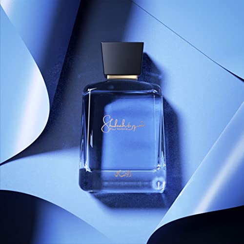RASASI Shuhrah for Men bottle closeup emphasizes rich notes for confident everyday wear.